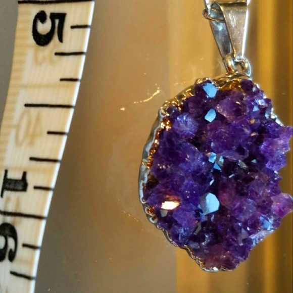 Purple Amethyst Druzy Crystal Silvertone Necklace - Picture 4 of 7